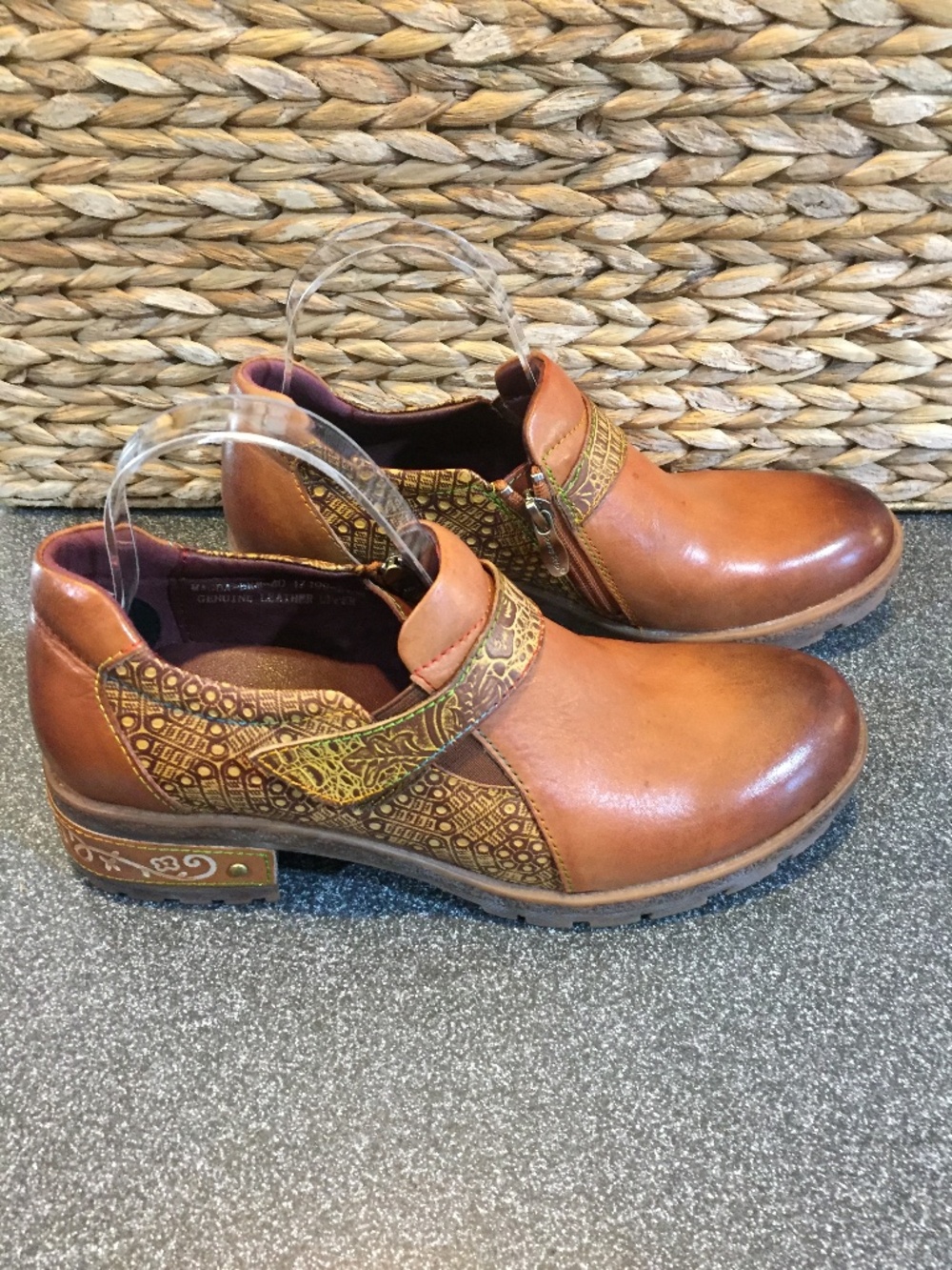 Women's Tan Leather Slip-On Casual Shoe with Embossed Detail